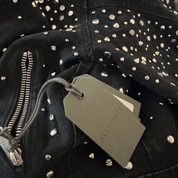 Allsaints Eve Studded Denim Biker Jacket in Washed Black Size 12 - Picture 7 of 11